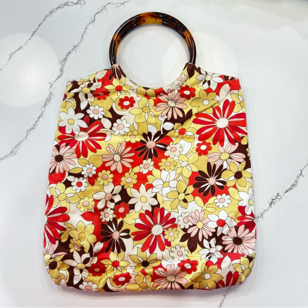 Red, Yellow and Brown Floral Tote with Circular Lucite Handles
